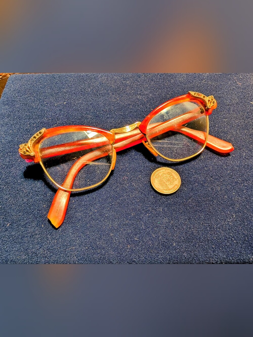 Retro Vintage Blue Rhinestone Red Orange Cat Eye Glasses
